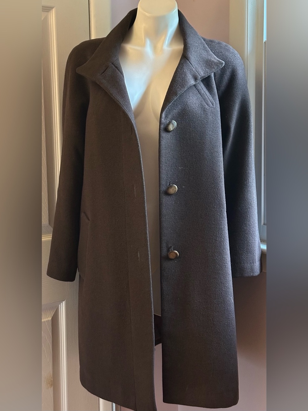 J. JILL Chocolate Brown Wool Blend 4 Big Front Button High Neck Pea Coat Sz S.